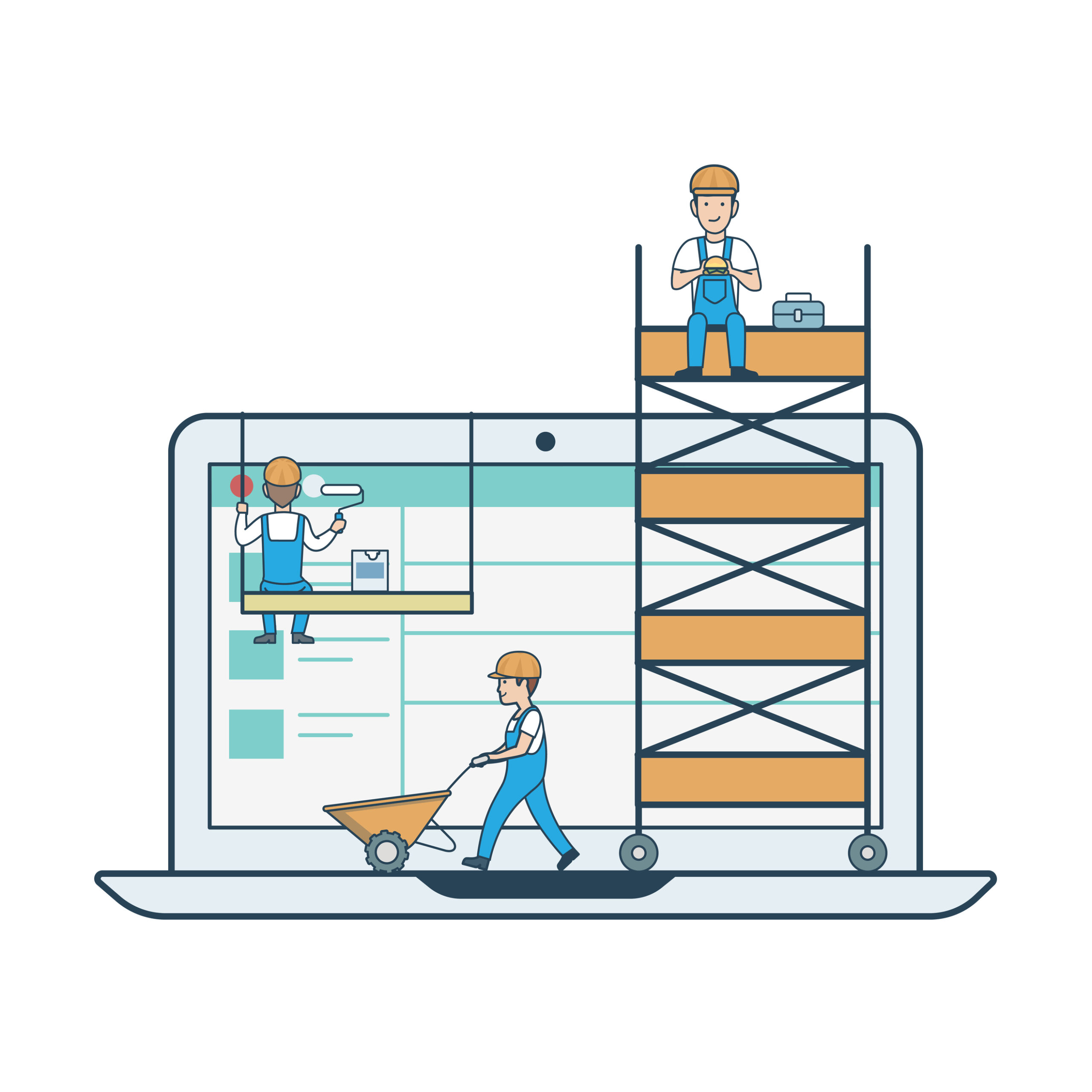 Flat linear webdesign development concept web vector illustration. Micro people building graphical user interface UI/UX usability design to laptop. Creative people collection